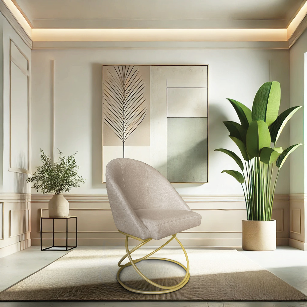 Kit 06 Cadeiras Poltrona de Jantar Bela Linho Bege Base Metálica Luxo Dourado - Pallazio
