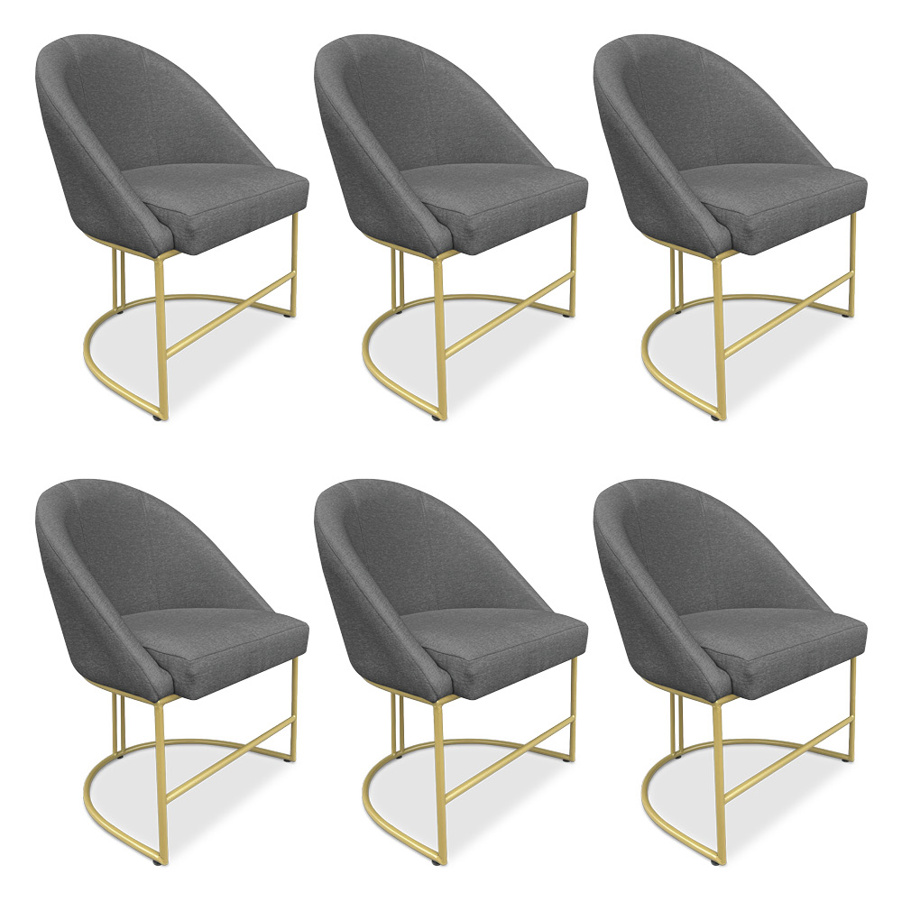 Kit 06 Cadeiras Poltrona de Jantar Bela Linho Grafite Base Metálica Industrial Dourado - Pallazio