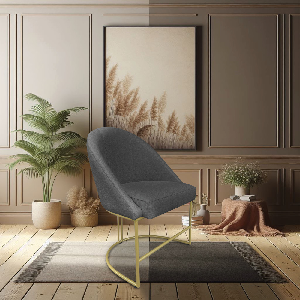 Kit 06 Cadeiras Poltrona de Jantar Bela Linho Grafite Base Metálica Industrial Dourado - Pallazio