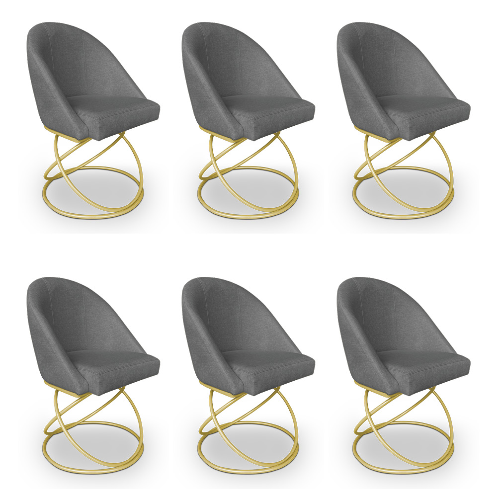 Kit 06 Cadeiras Poltrona de Jantar Bela Linho Grafite Base Metálica Luxo Dourado - Pallazio
