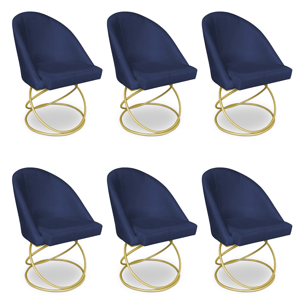 Kit 06 Cadeiras Poltrona de Jantar Bela Suede Azul Marinho Base Metálica Luxo Dourado - Pallazio