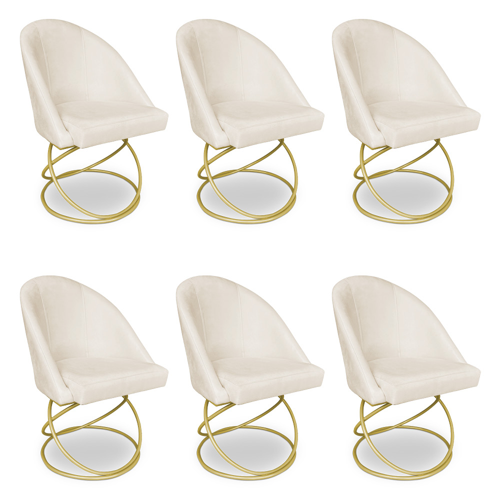 Kit 06 Cadeiras Poltrona de Jantar Bela Suede Bege Base Metálica Luxo Dourado - Pallazio