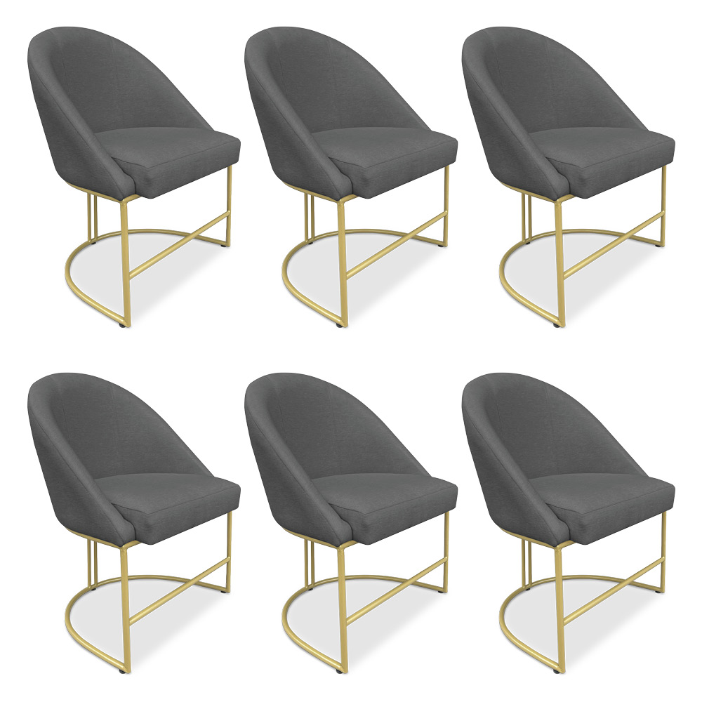 Kit 06 Cadeiras Poltrona de Jantar Bela Suede Grafite Base Metálica Industrial Dourado - Pallazio