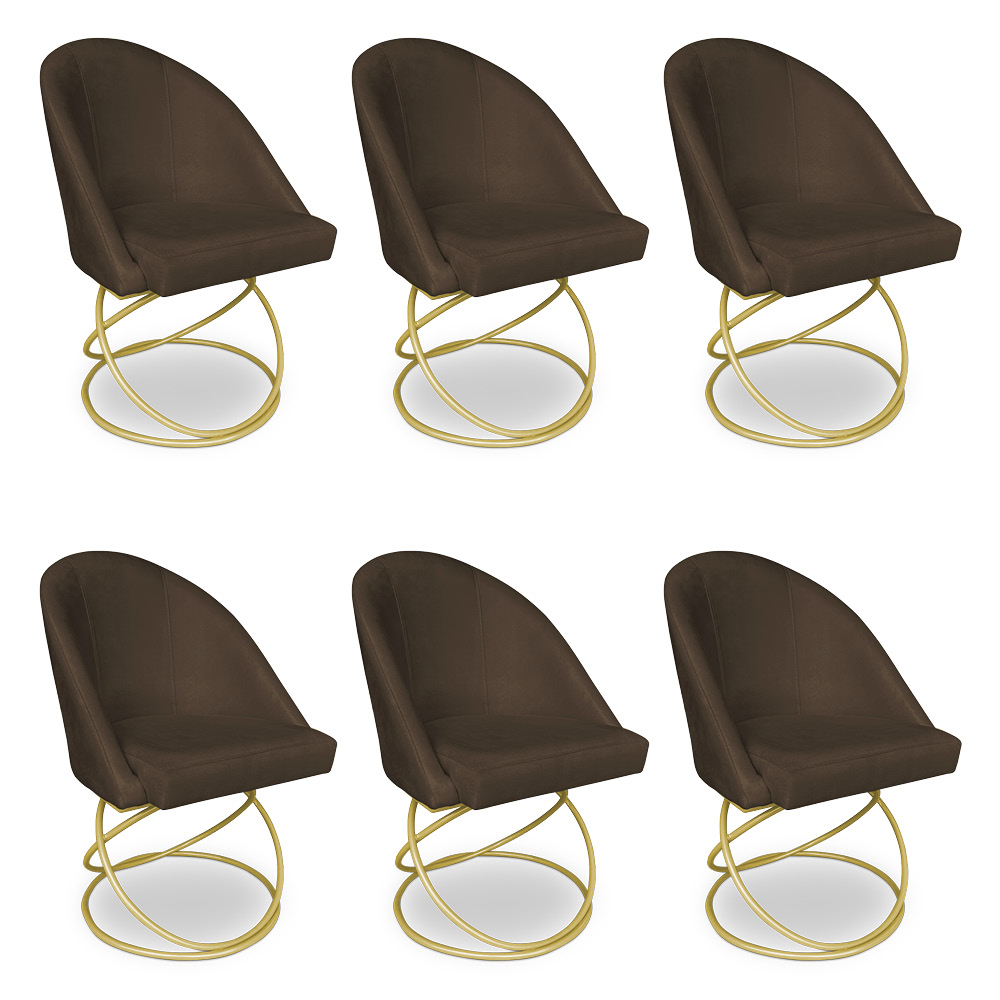 Kit 06 Cadeiras Poltrona de Jantar Bela Suede Marrom Base Metálica Luxo Dourado - Pallazio