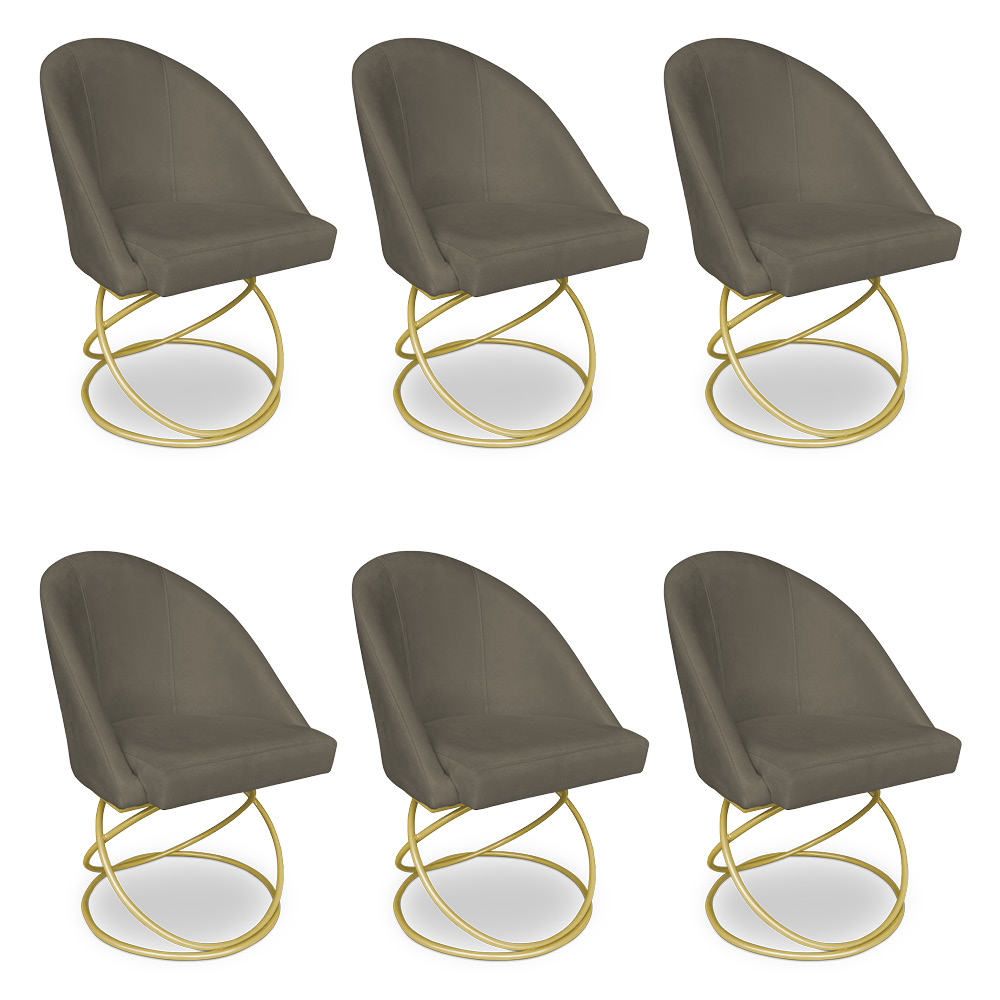 Kit 06 Cadeiras Poltrona de Jantar Bela Suede Marrom Rato Base Metálica Luxo Dourado - Pallazio