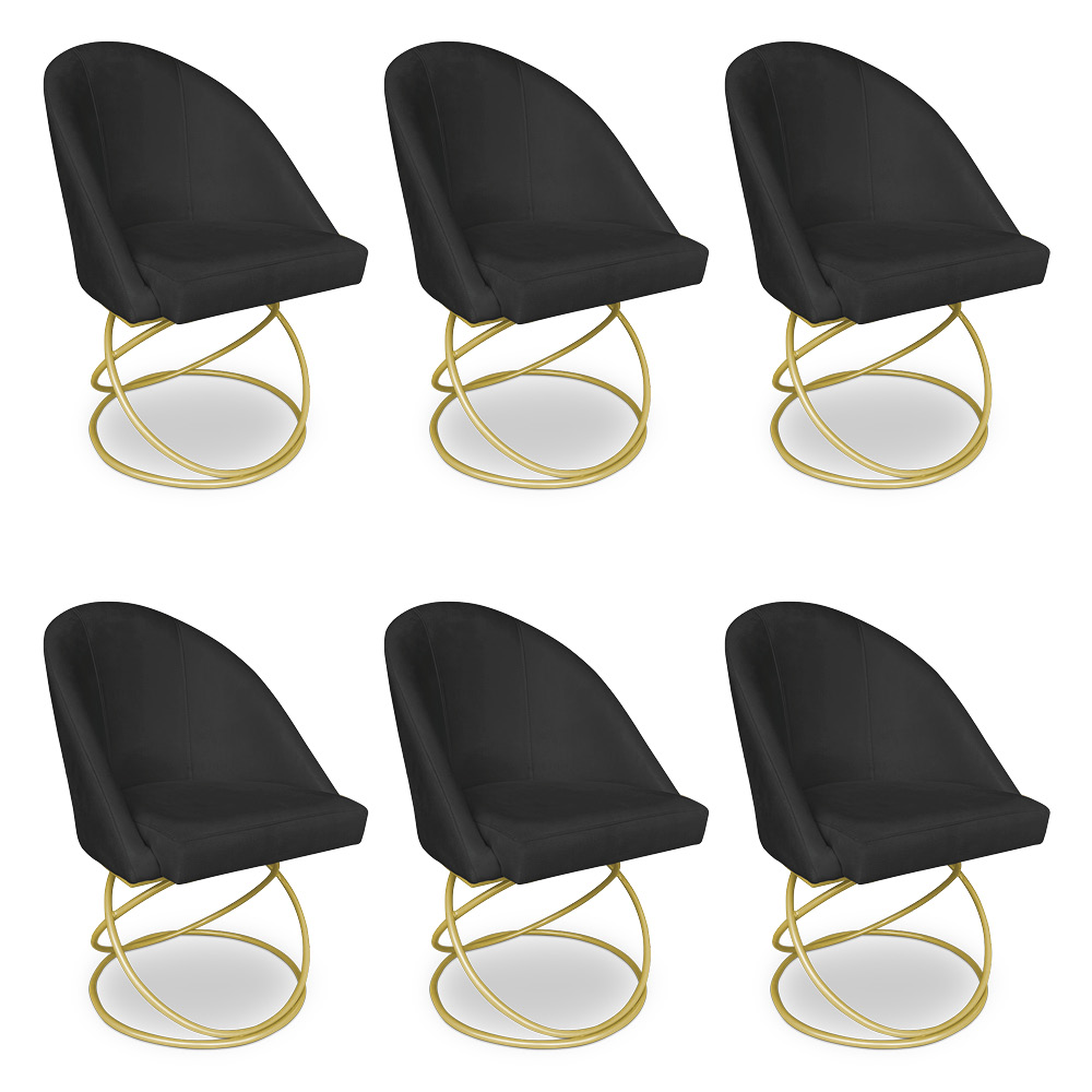 Kit 06 Cadeiras Poltrona de Jantar Bela Suede Preto Base Metálica Luxo Dourado - Pallazio