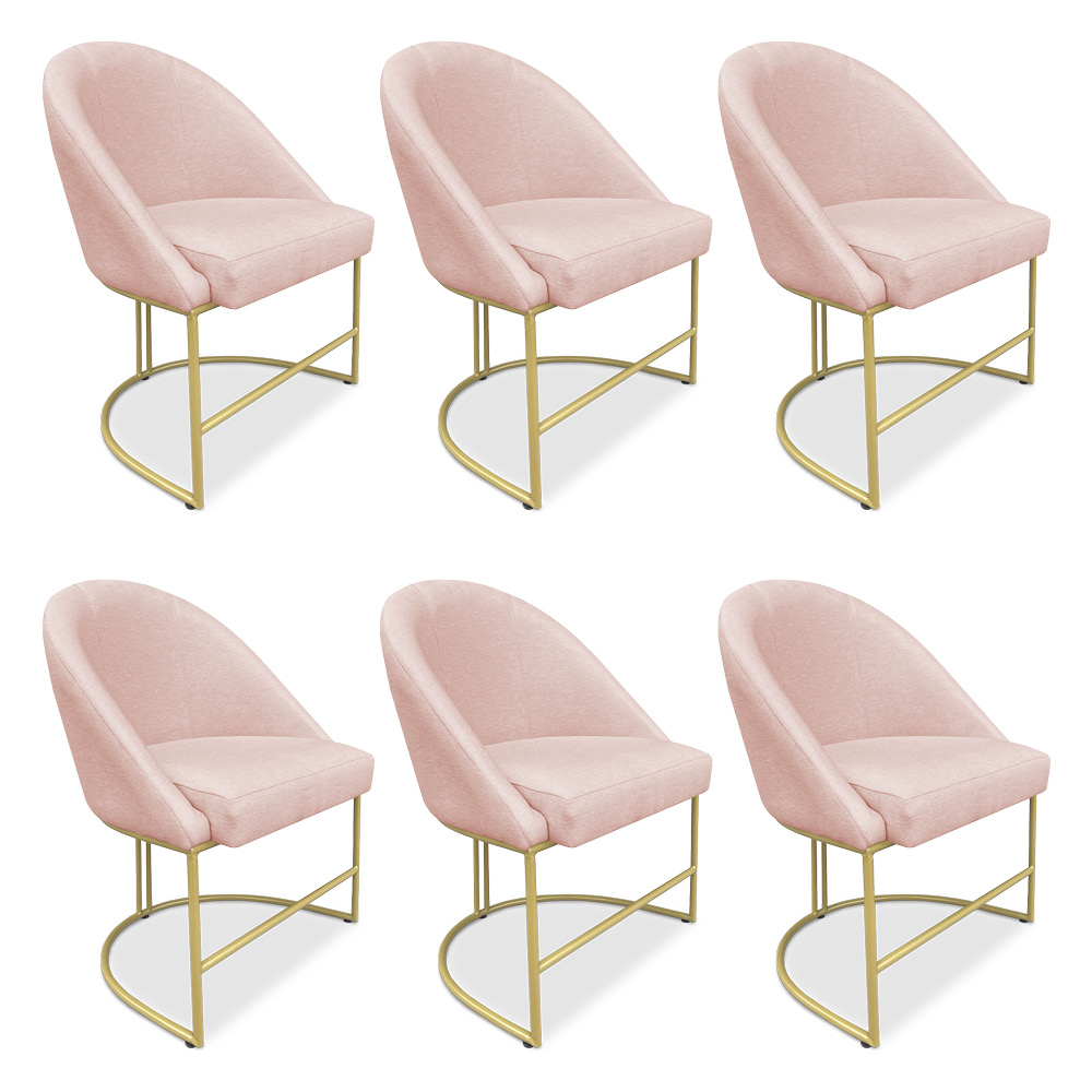 Kit 06 Cadeiras Poltrona de Jantar Bela Suede Rosa Bebê Base Metálica Industrial Dourado - Pallazio