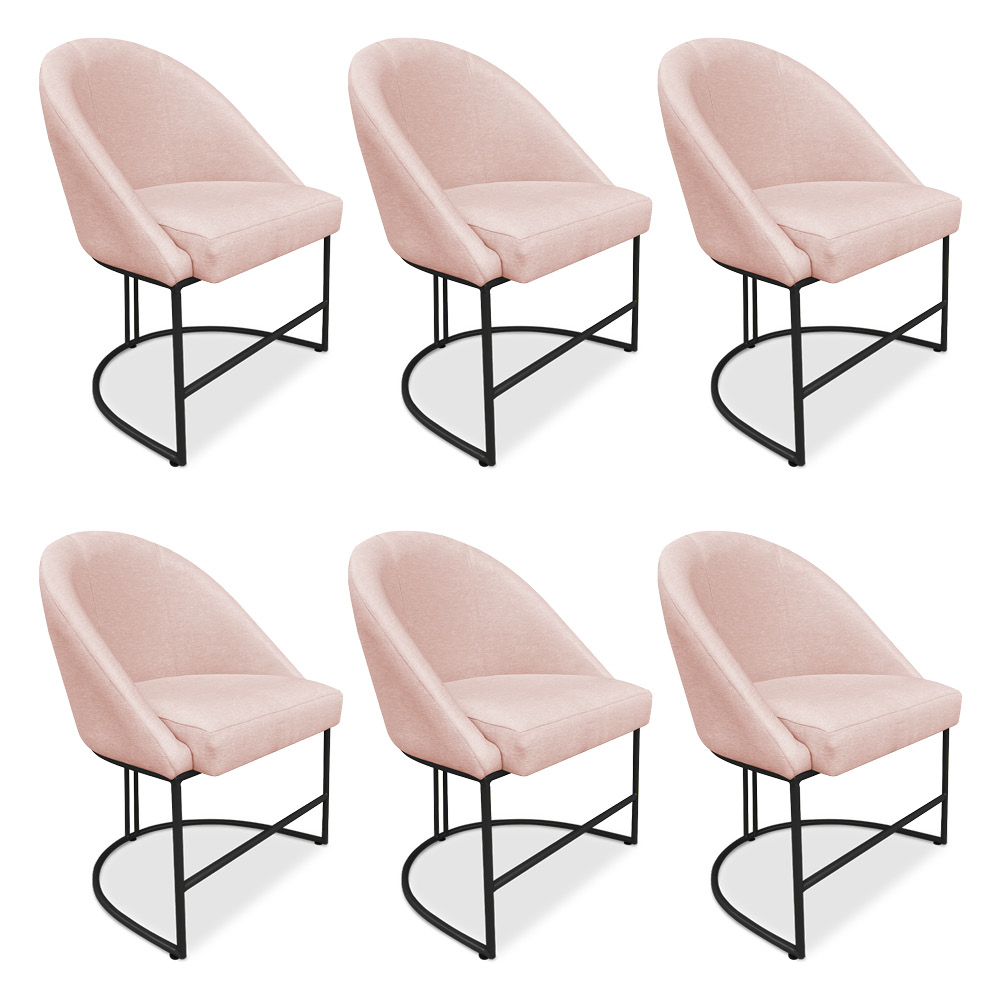 Kit 06 Cadeiras Poltrona de Jantar Bela Suede Rosa Bebê Base Metálica Industrial Preto - Pallazio