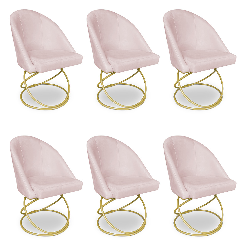 Kit 06 Cadeiras Poltrona de Jantar Bela Suede Rosa Bebê Base Metálica Luxo Dourado - Pallazio