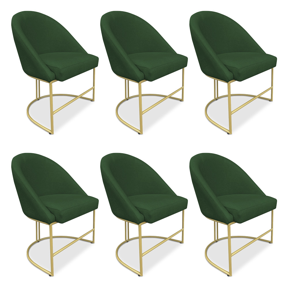 Kit 06 Cadeiras Poltrona de Jantar Bela Suede Verde Base Metálica Industrial Dourado - Pallazio