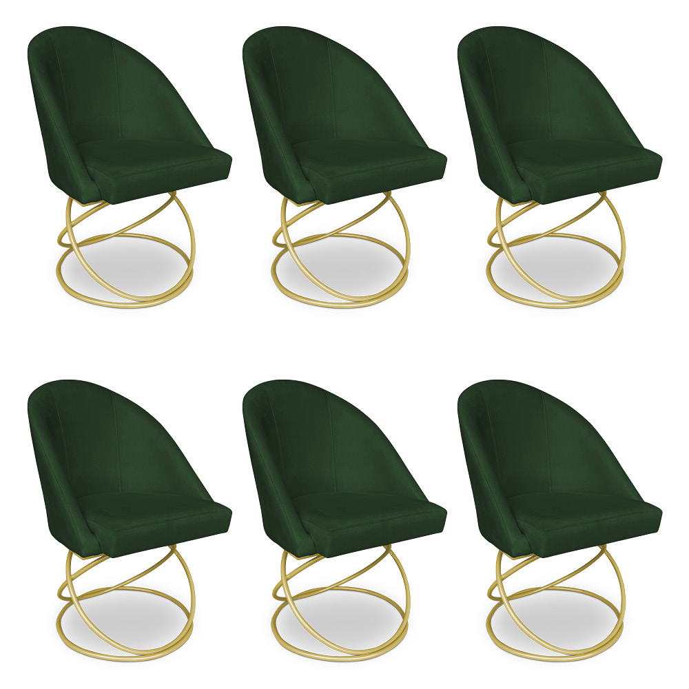 Kit 06 Cadeiras Poltrona de Jantar Bela Suede Verde Base Metálica Luxo Dourado - Pallazio
