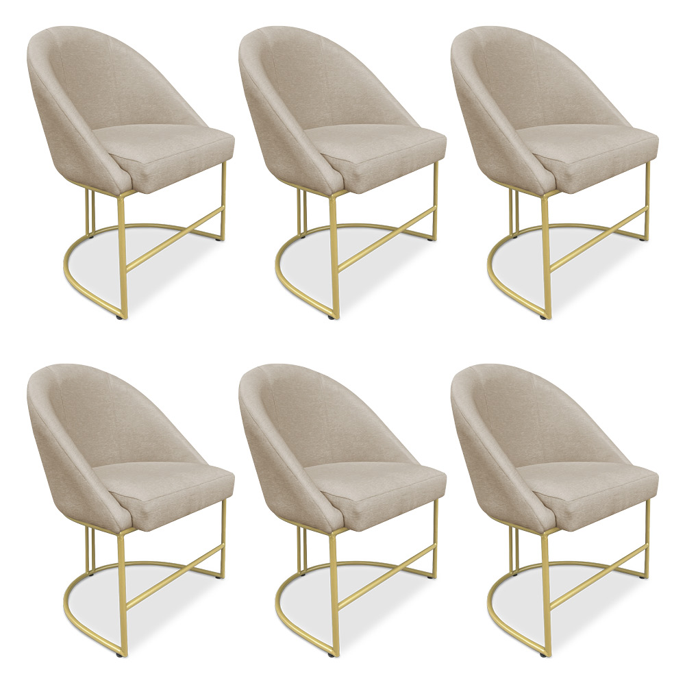 Kit 06 Cadeiras Poltrona de Jantar Bela Veludo Bege Base Metálica Industrial Dourado - Pallazio