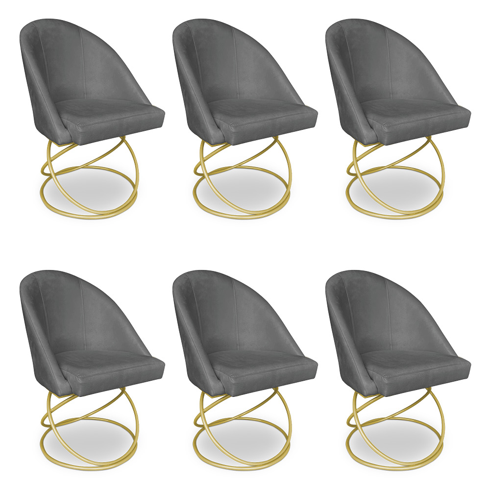 Kit 06 Cadeiras Poltrona de Jantar Bela Veludo Grafite Base Metálica Luxo Dourado - Pallazio