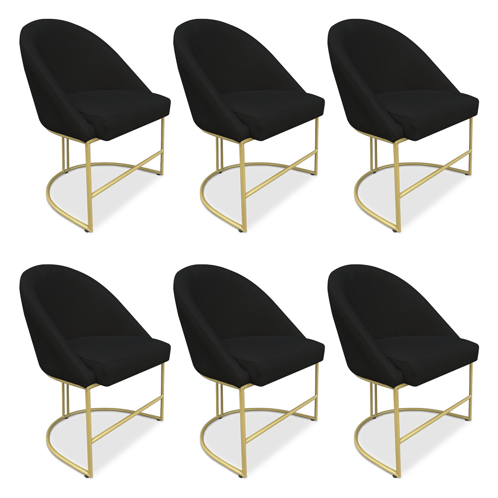 Kit 06 Cadeiras Poltrona de Jantar Bela Veludo Preto Base Metálica Industrial Dourado - Pallazio