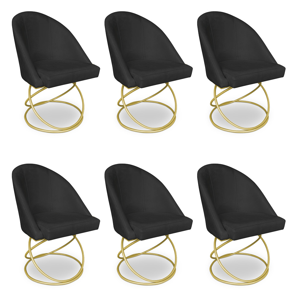 Kit 06 Cadeiras Poltrona de Jantar Bela Veludo Preto Base Metálica Luxo Dourado - Pallazio