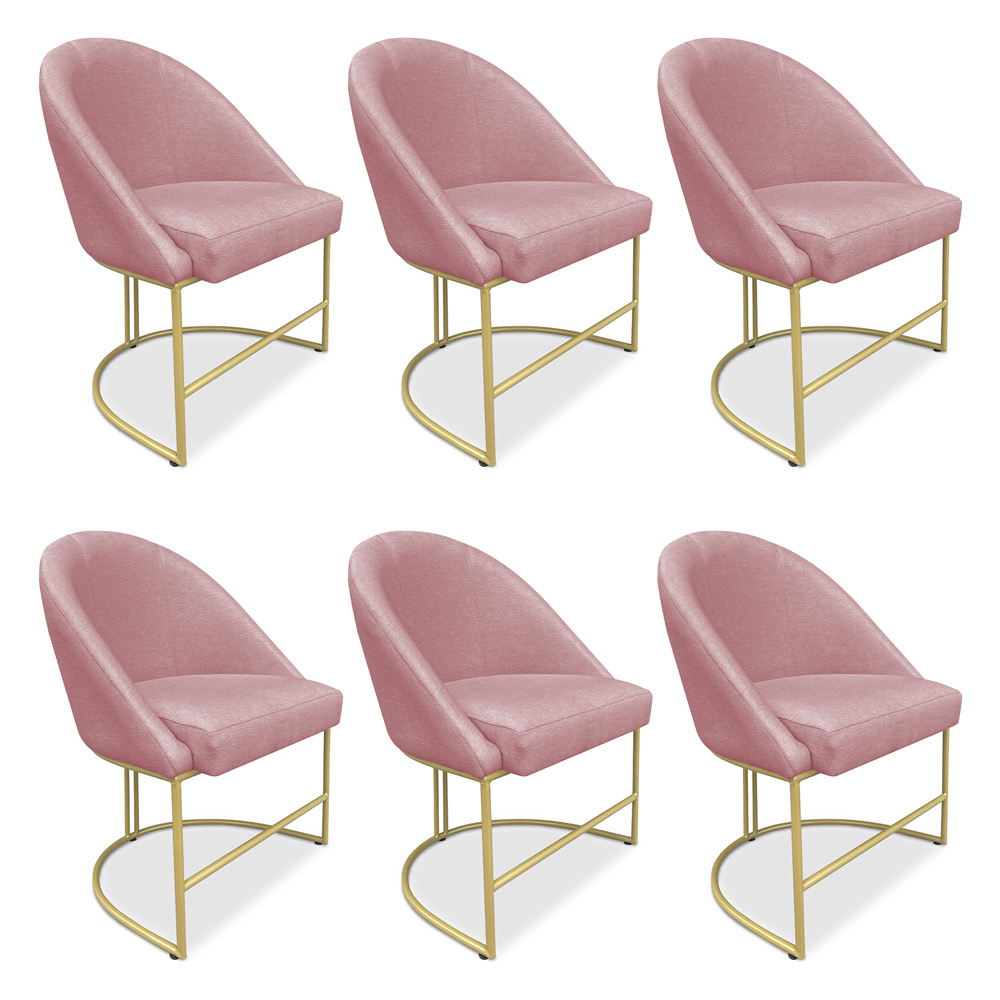Kit 06 Cadeiras Poltrona de Jantar Bela Veludo Rosê Base Metálica Industrial Dourado - Pallazio