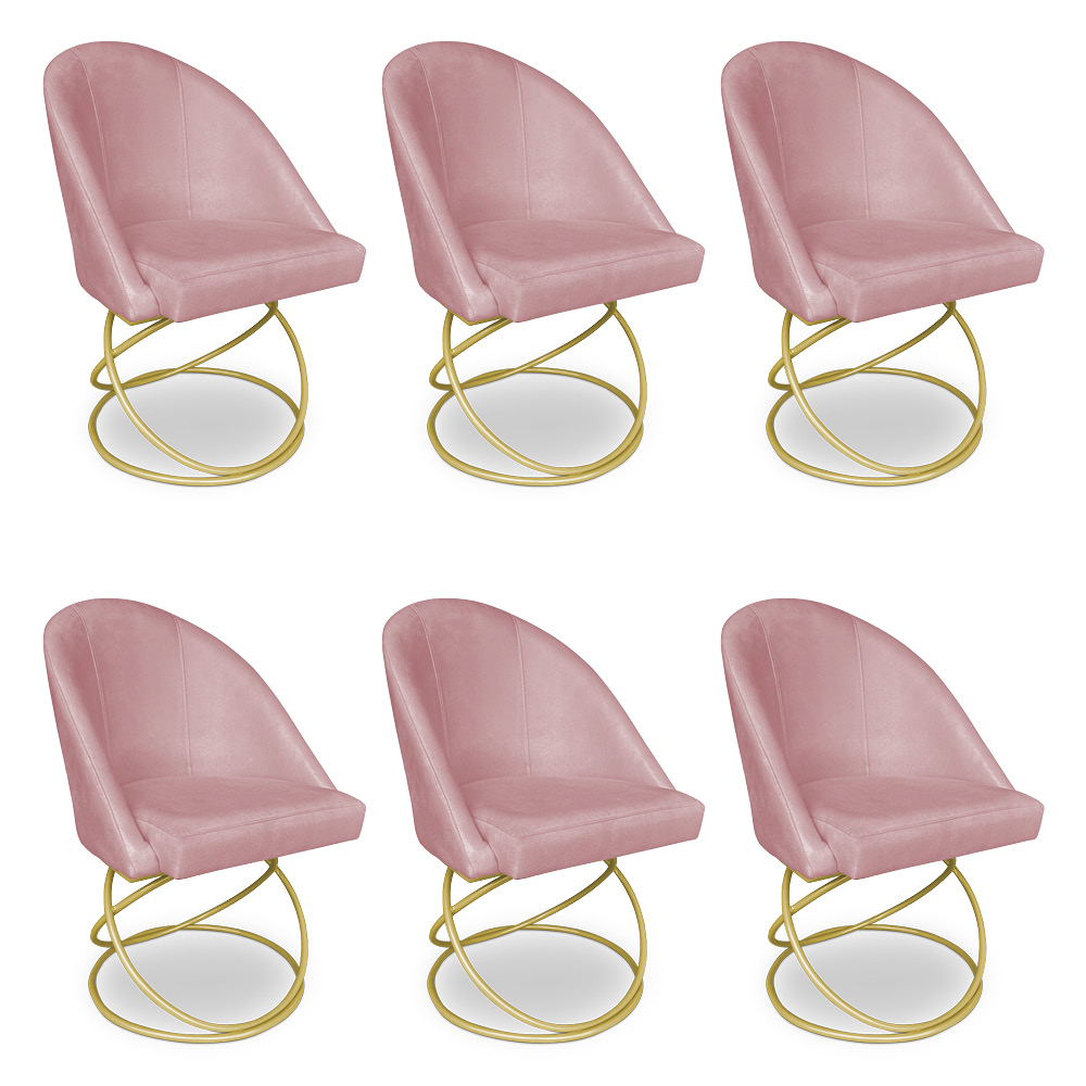 Kit 06 Cadeiras Poltrona de Jantar Bela Veludo Rosê Base Metálica Luxo Dourado - Pallazio