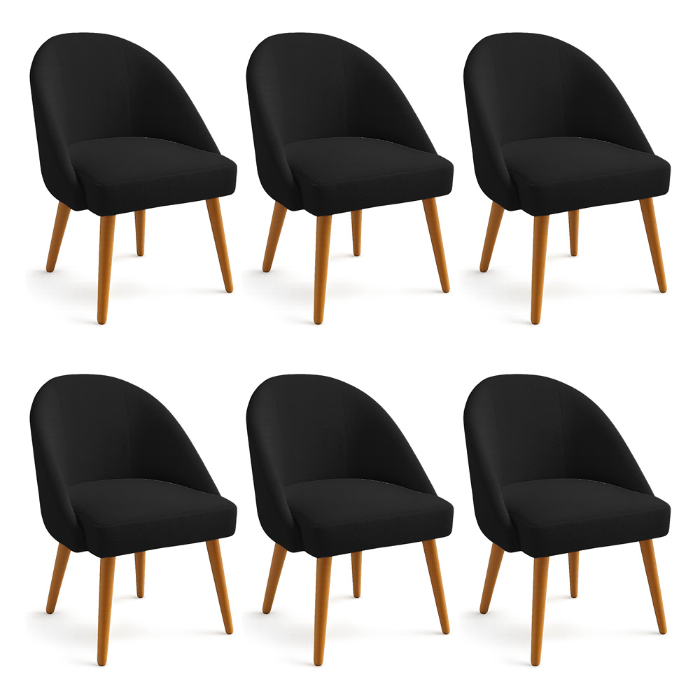 Kit 06 Cadeiras Poltrona de Jantar Estofada Luna Boucle Preto Pés Palito Castanho - Pallazio