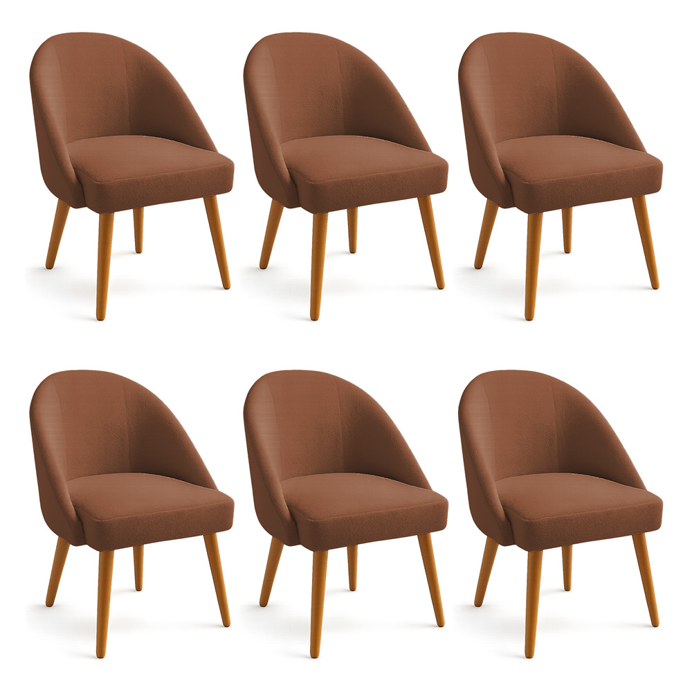 Kit 06 Cadeiras Poltrona de Jantar Estofada Luna Boucle Terracota Pés Palito Castanho - Pallazio