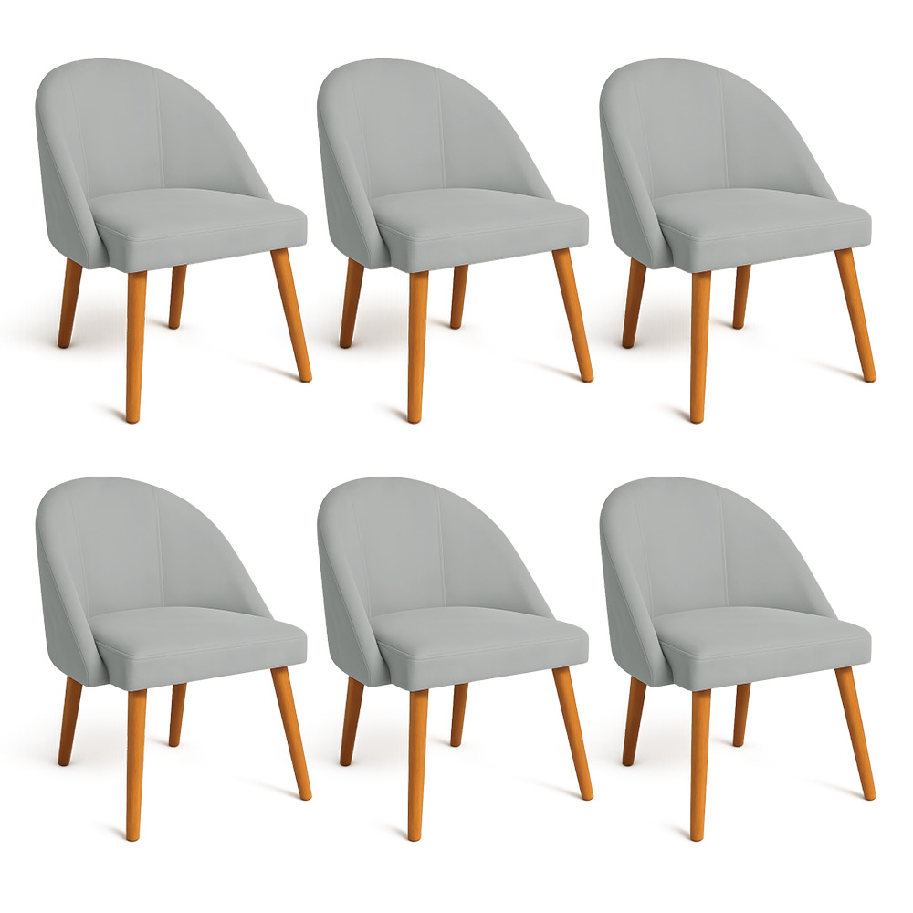 Kit 06 Cadeiras Poltrona de Jantar Luna Suede Cinza Pés Palito Castanho - Pallazio