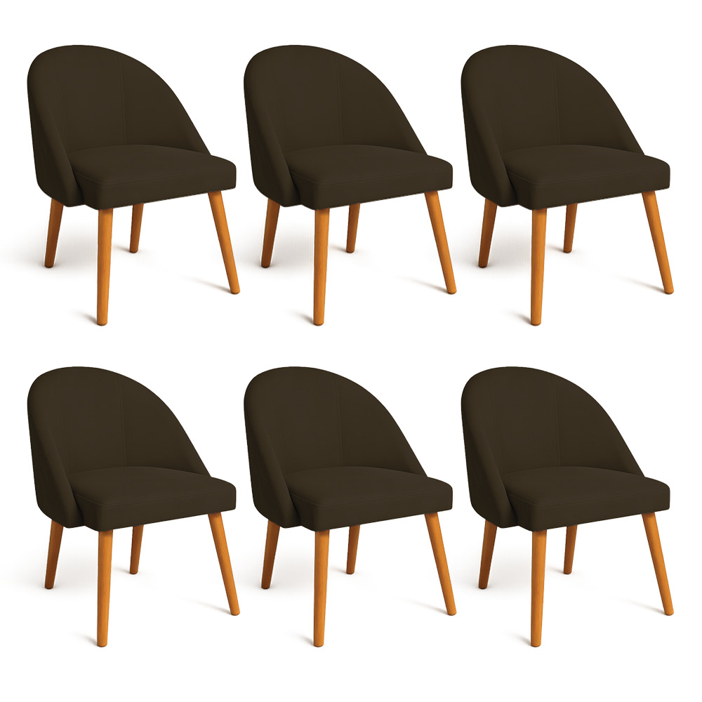Kit 06 Cadeiras Poltrona de Jantar Luna Suede Marrom Pés Palito Castanho - Pallazio