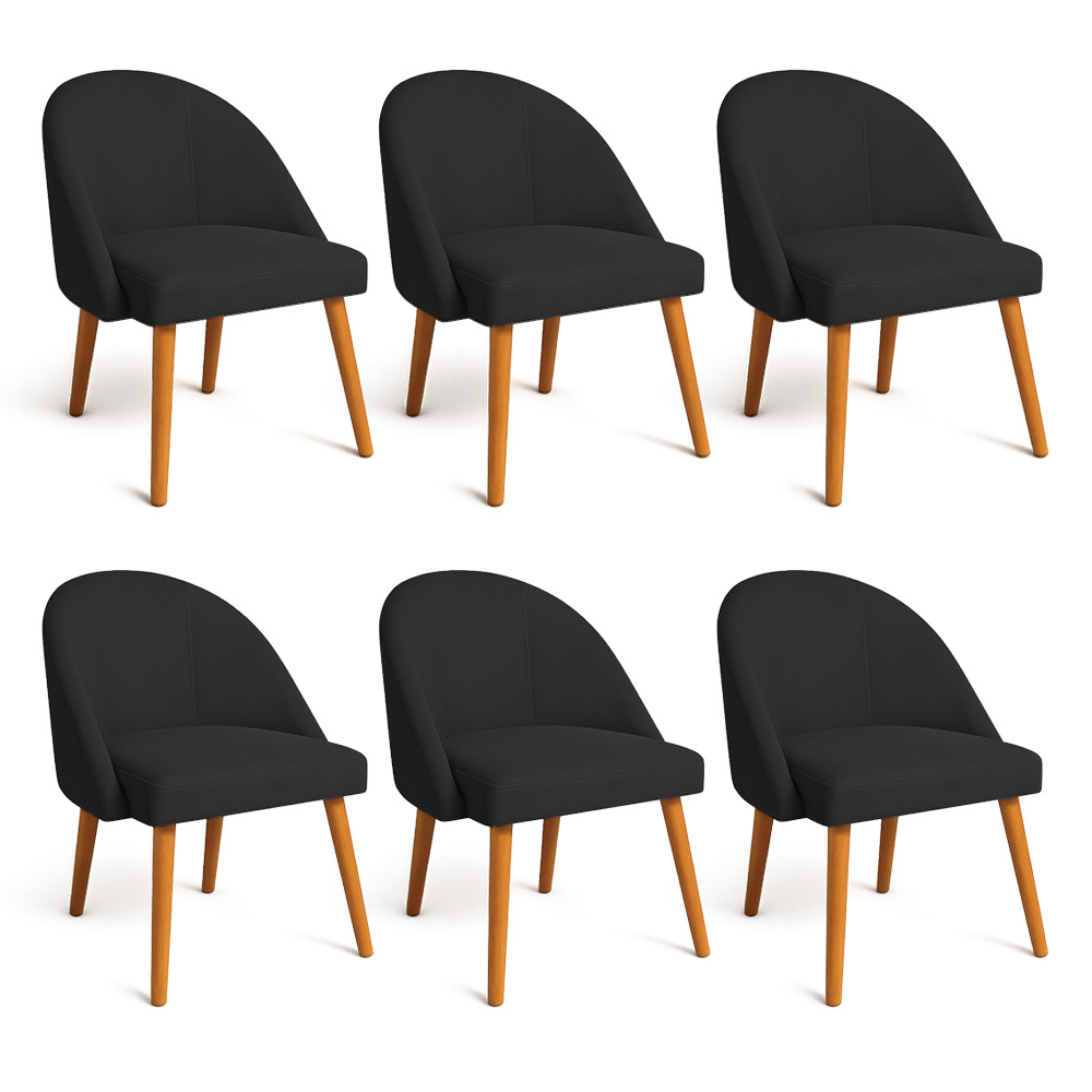 Kit 06 Cadeiras Poltrona de Jantar Luna Suede Preto Pés Palito Castanho - Pallazio