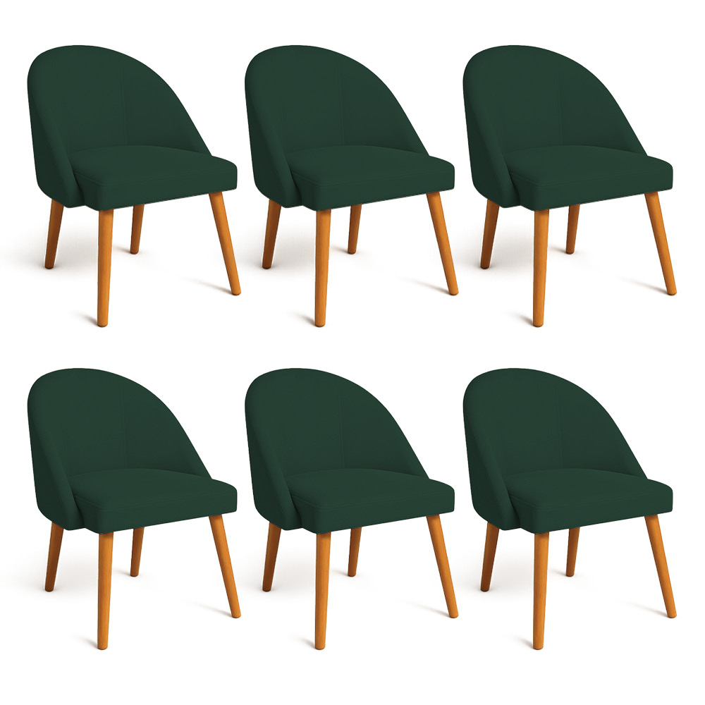 Kit 06 Cadeiras Poltrona de Jantar Luna Suede Verde Pés Palito Castanho - Pallazio