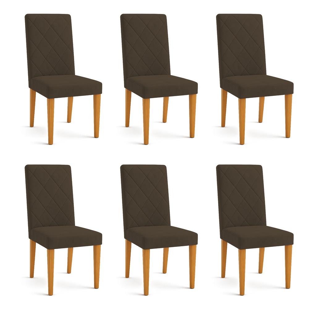 Kit 06 Cadeiras de Jantar Estofada Siena Veludo Marrom Pés Trapézio Castanho - Pallazio