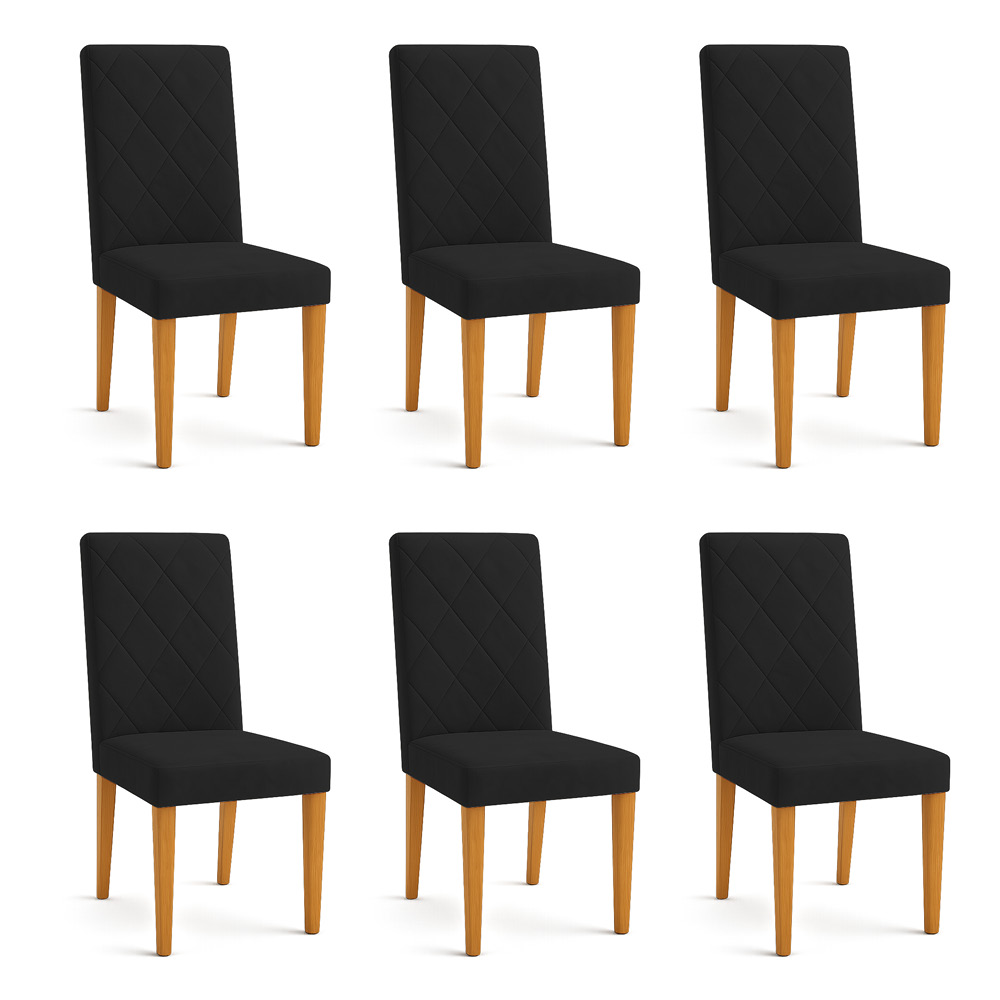 Kit 06 Cadeiras de Jantar Estofada Siena Veludo Preto Pés Trapézio Castanho - Pallazio