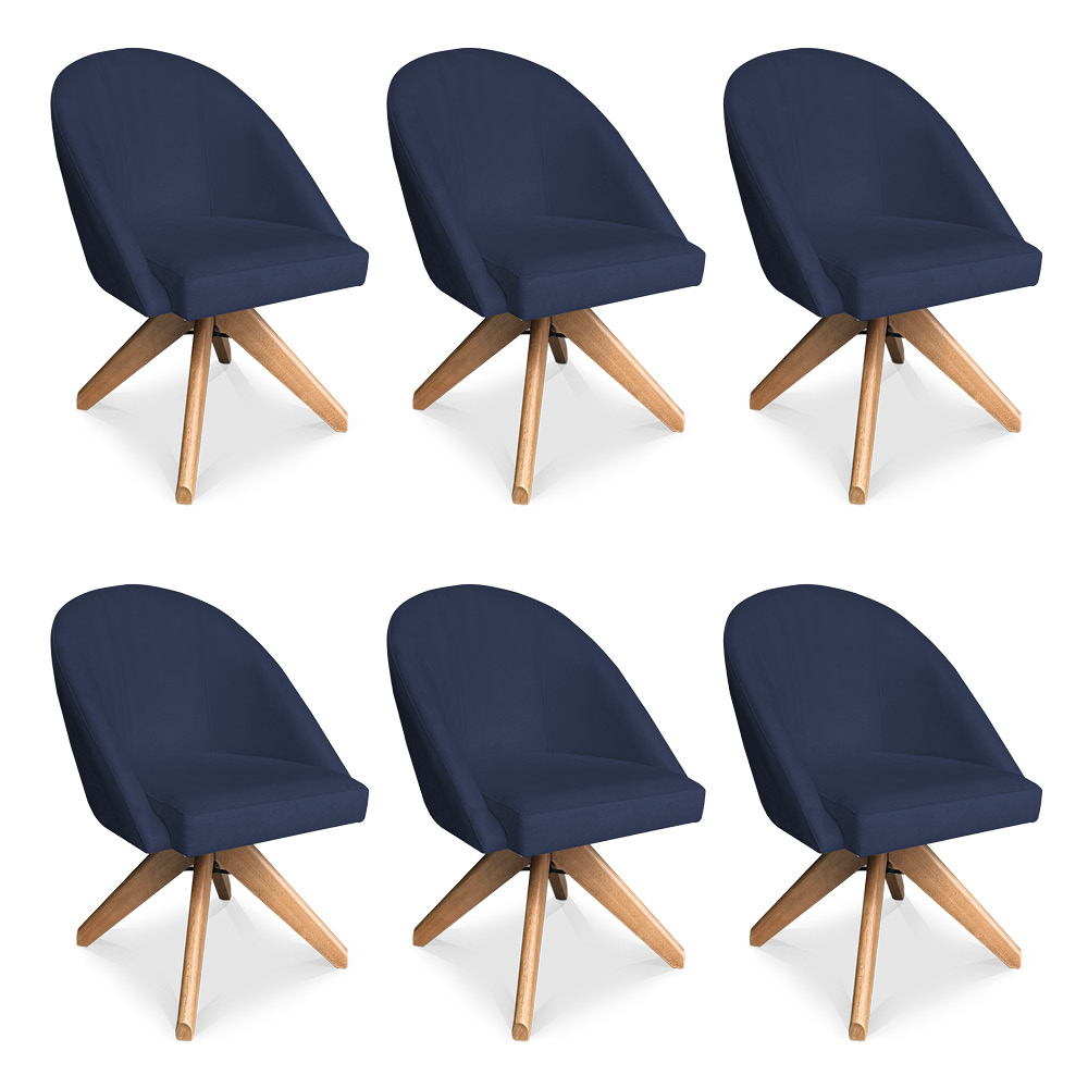 Kit 06 Poltronas Cadeira Giratória Bela Suede Azul Marinho Base de Madeira - Pallazio