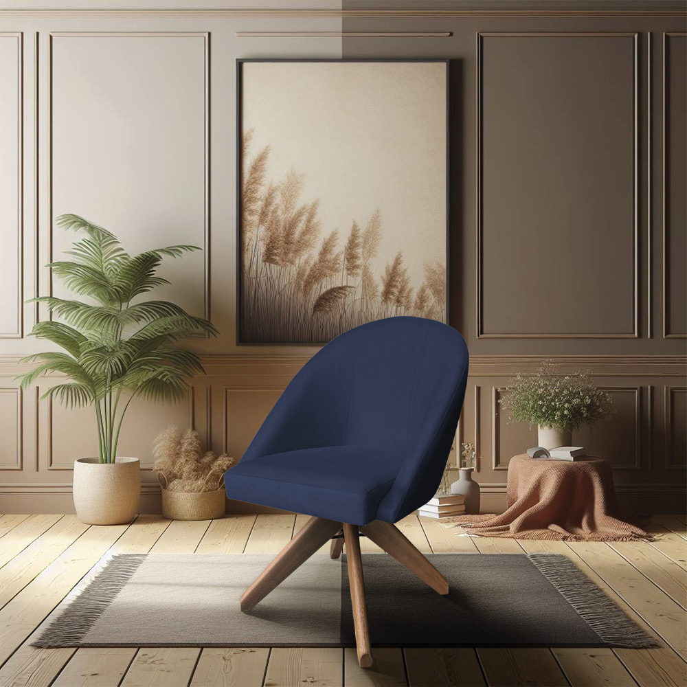 Kit 06 Poltronas Cadeira Giratória Bela Suede Azul Marinho Base de Madeira - Pallazio