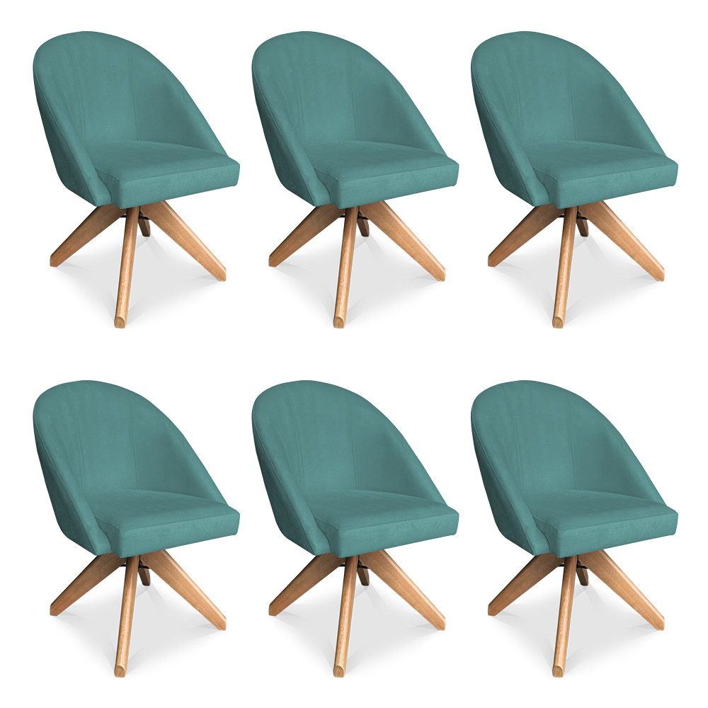 Kit 06 Poltronas Cadeira Giratória Bela Suede Azul Turquesa Base de Madeira - Pallazio
