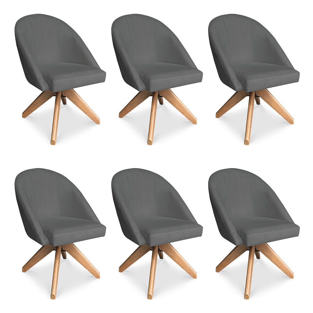 Kit 06 Poltronas Cadeira Giratória Bela Suede Grafite Base de Madeira - Pallazio