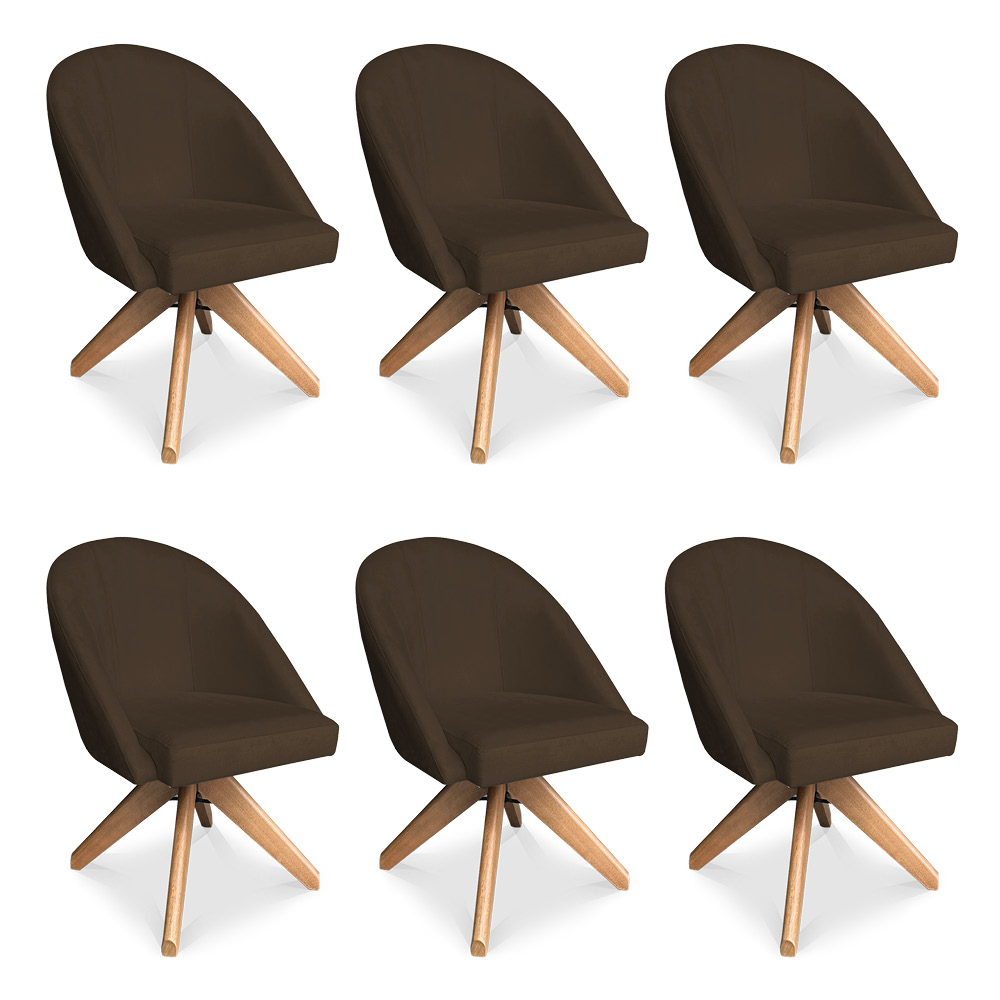 Kit 06 Poltronas Cadeira Giratória Bela Suede Marrom Base de Madeira - Pallazio