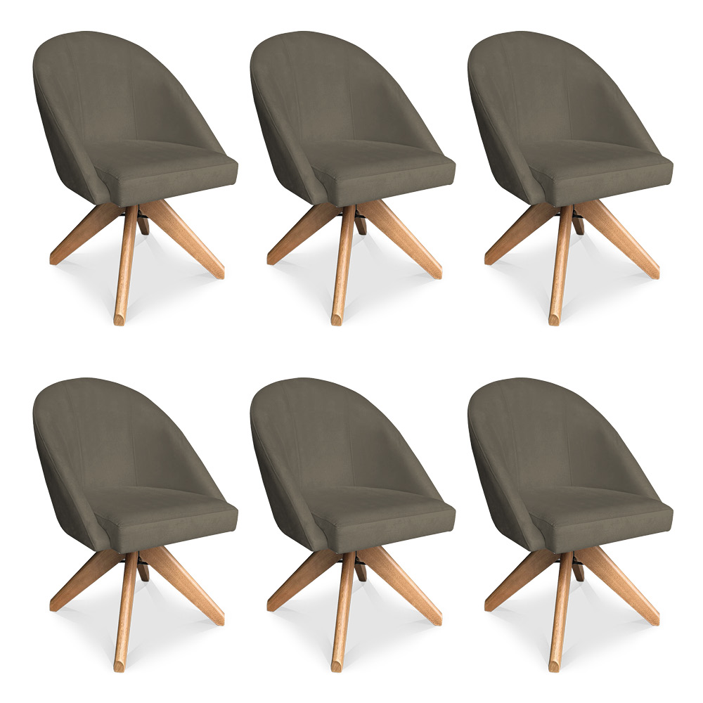 Kit 06 Poltronas Cadeira Giratória Bela Suede Marrom Rato Base de Madeira - Pallazio