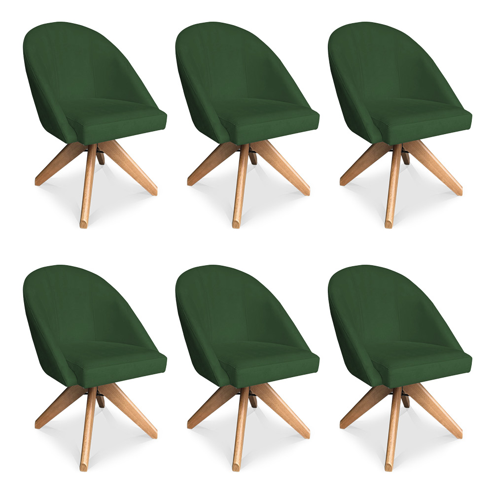Kit 06 Poltronas Cadeira Giratória Bela Suede Verde Base de Madeira - Pallazio