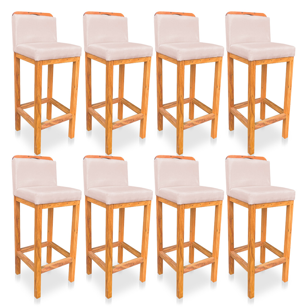 Kit 08 Banquetas Alta Rubi Veludo Rosa Bebê Base Fixa de Madeira - Pallazio