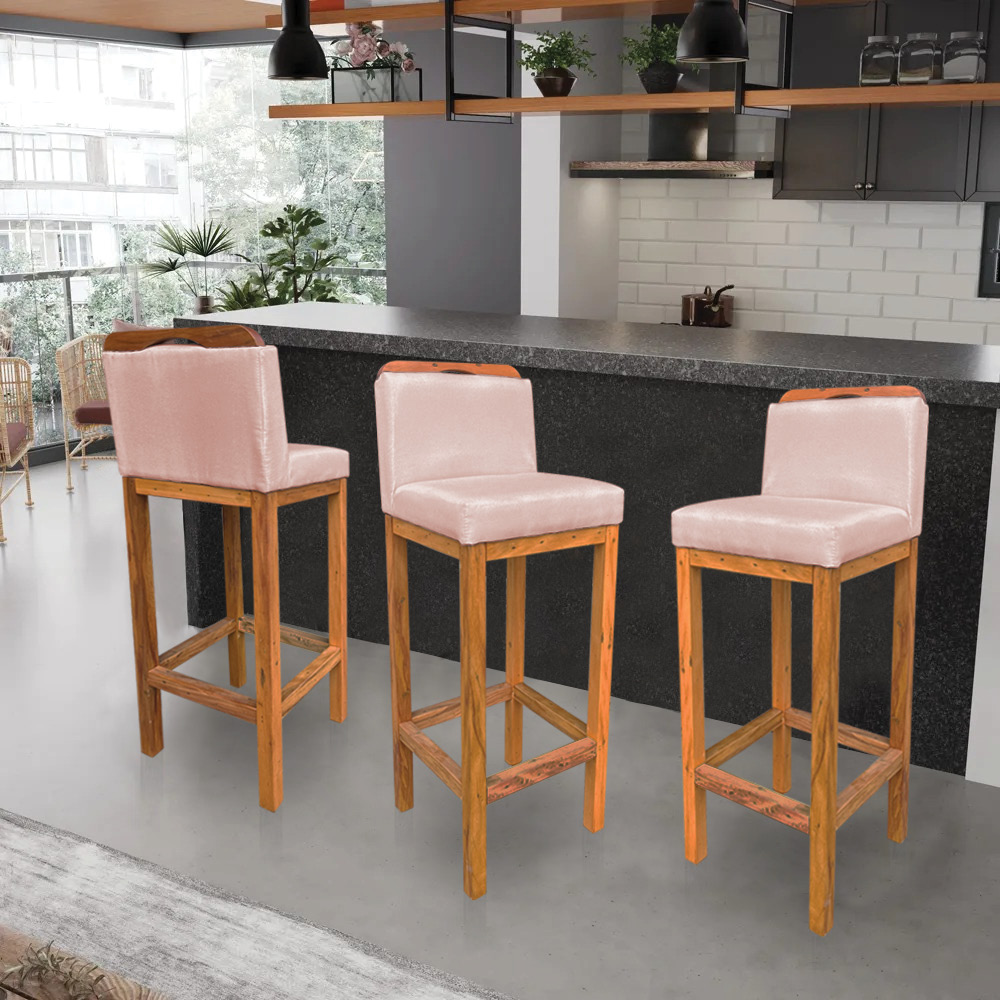Kit 08 Banquetas Alta Rubi Veludo Rosa Bebê Base Fixa de Madeira - Pallazio