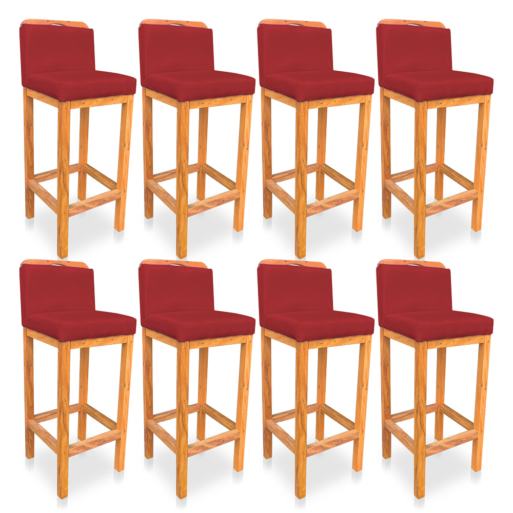 Kit 08 Banquetas Alta Rubi Veludo Vermelho Base Fixa de Madeira - Pallazio