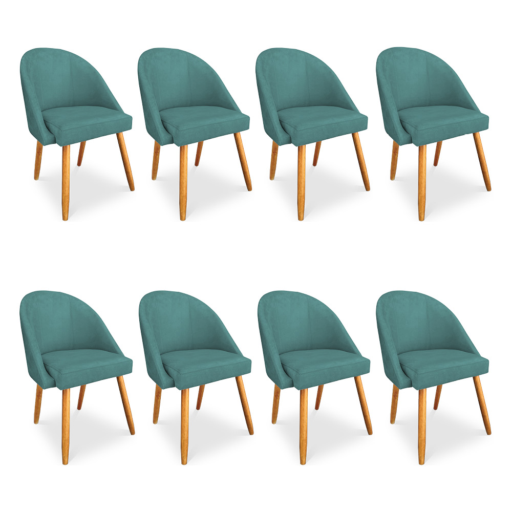 Kit 08 Cadeiras Jantar Bela Suede Azul Turquesa Pés Palito Castanho - Pallazio