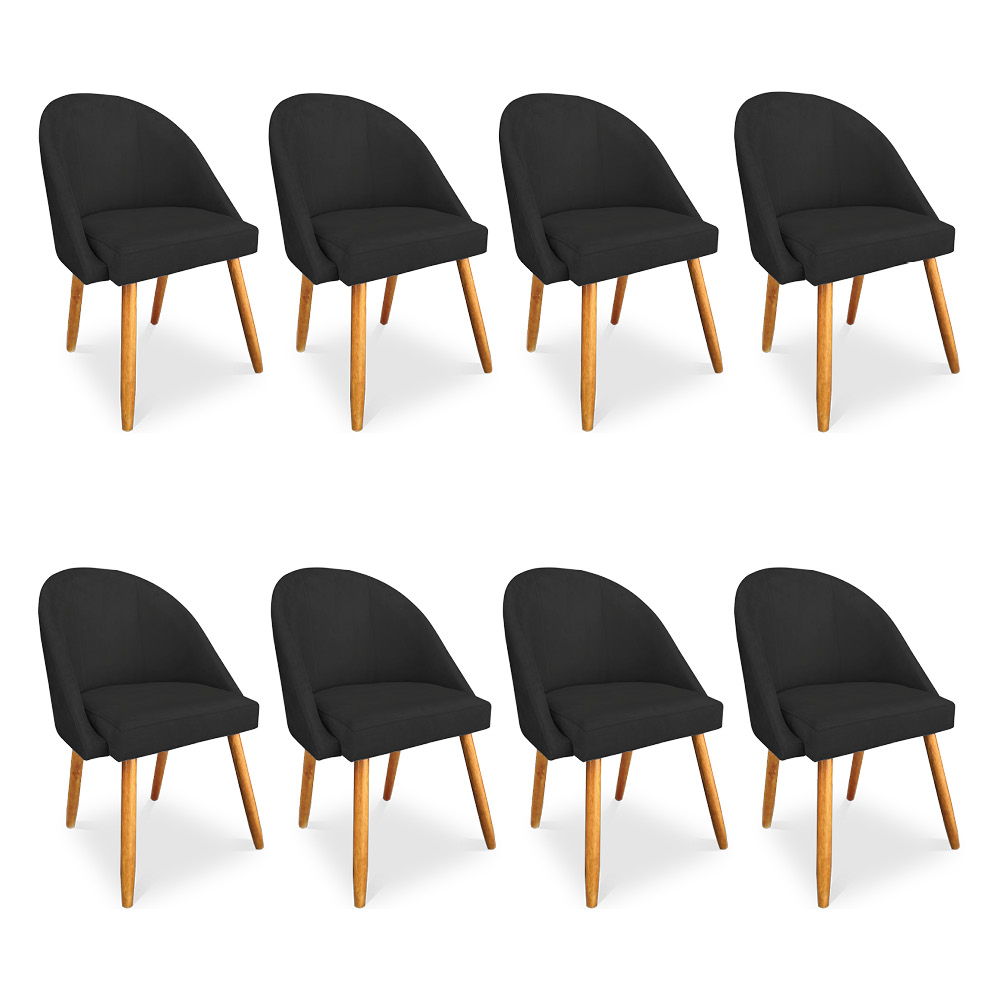 Kit 08 Cadeiras Jantar Bela Suede Preto Pés Palito Castanho - Pallazio