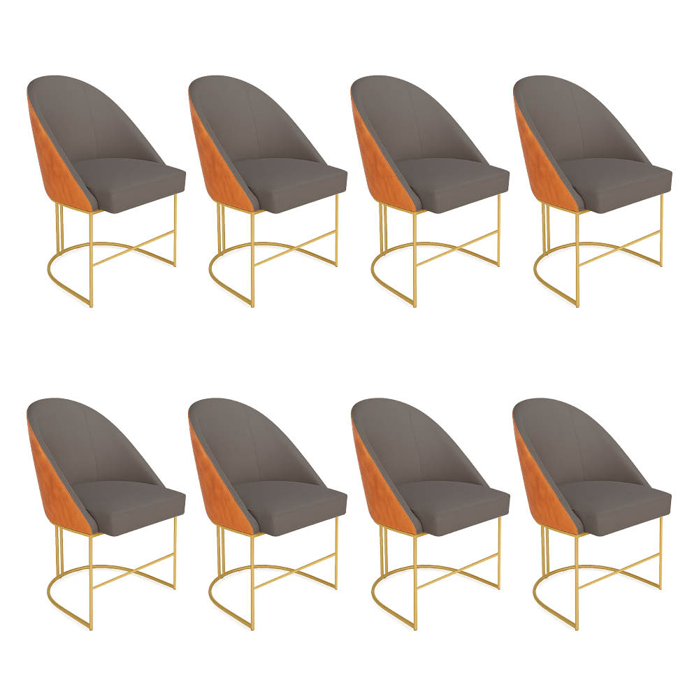 Kit 08 Cadeiras Poltrona de Jantar Bela Corano Nozes e Linho Grafite Base Metálica Industrial Dourado - Pallazio