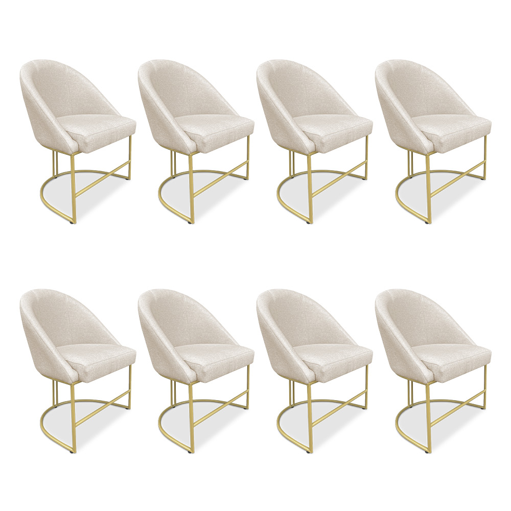 Kit 08 Cadeiras Poltrona de Jantar Bela Linho Bege Base Metálica Industrial Dourado - Pallazio