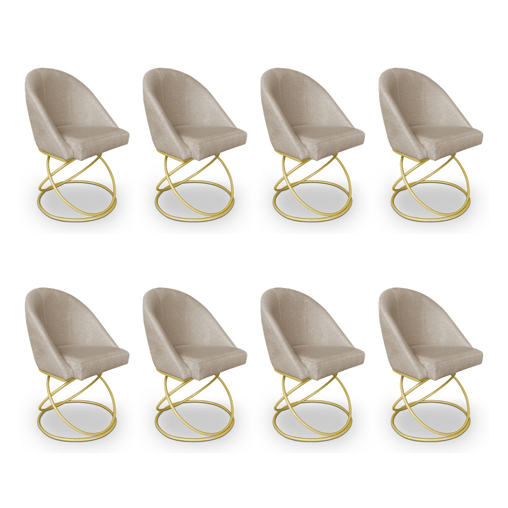 Kit 08 Cadeiras Poltrona de Jantar Bela Linho Bege Base Metálica Luxo Dourado - Pallazio