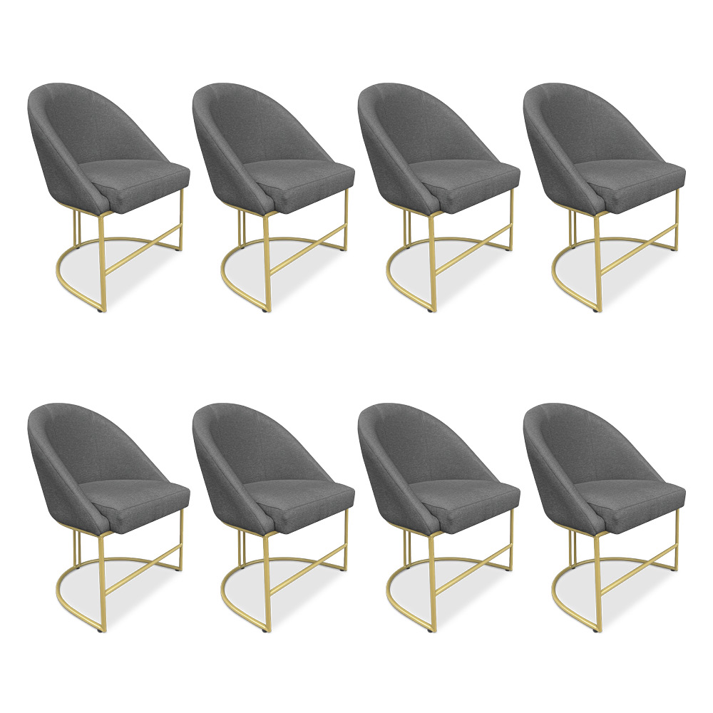 Kit 08 Cadeiras Poltrona de Jantar Bela Linho Grafite Base Metálica Industrial Dourado - Pallazio