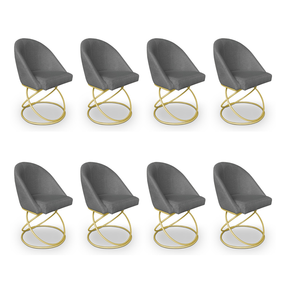 Kit 08 Cadeiras Poltrona de Jantar Bela Linho Grafite Base Metálica Luxo Dourado - Pallazio