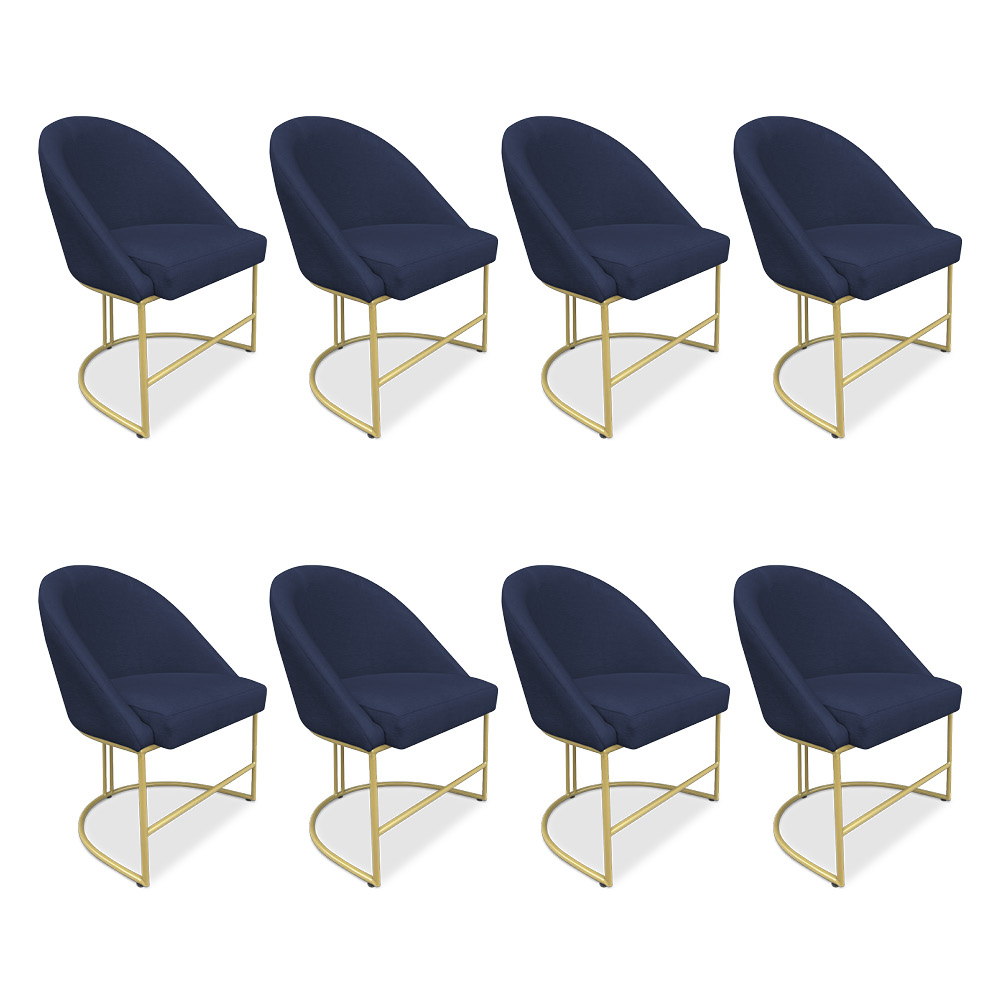 Kit 08 Cadeiras Poltrona de Jantar Bela Suede Azul Marinho Base Metálica Industrial Dourado - Pallazio