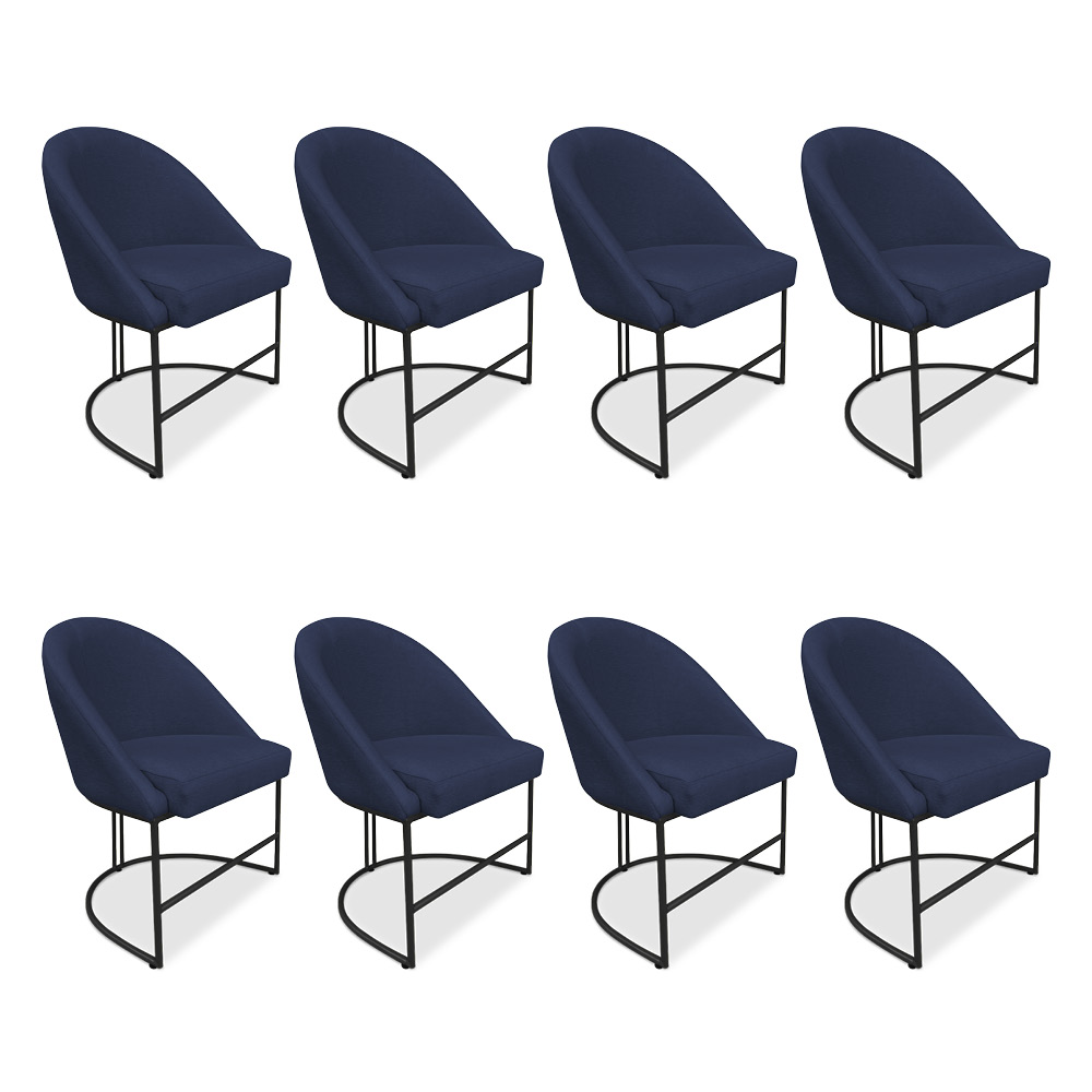 Kit 08 Cadeiras Poltrona de Jantar Bela Suede Azul Marinho Base Metálica Industrial Preto - Pallazio