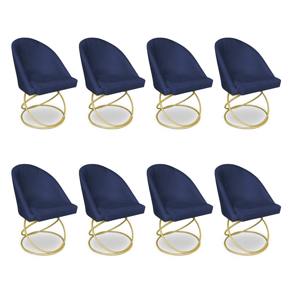 Kit 08 Cadeiras Poltrona de Jantar Bela Suede Azul Marinho Base Metálica Luxo Dourado - Pallazio