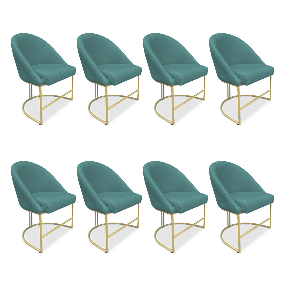 Kit 08 Cadeiras Poltrona de Jantar Bela Suede Azul Turquesa Base Metálica Industrial Dourado - Pallazio